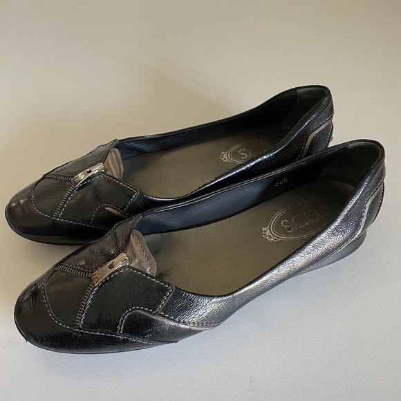 TOD's Ballet Flat Round Toe Zipper Black Patent Leather Slip On 38.5 8.5 - Picture 3 of 9